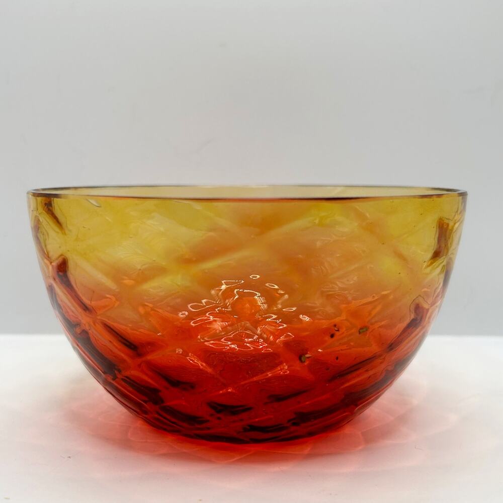 Antique Victorian Reverse Amberina Diamond Quilted Optic Art Glass Bowl 1800s